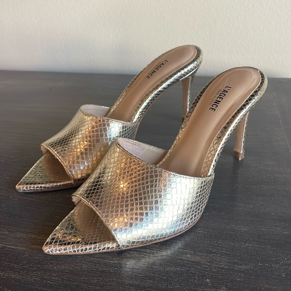 L’AGENCE LOLITA GOLD SNAKE HEELS SIZE 6.5